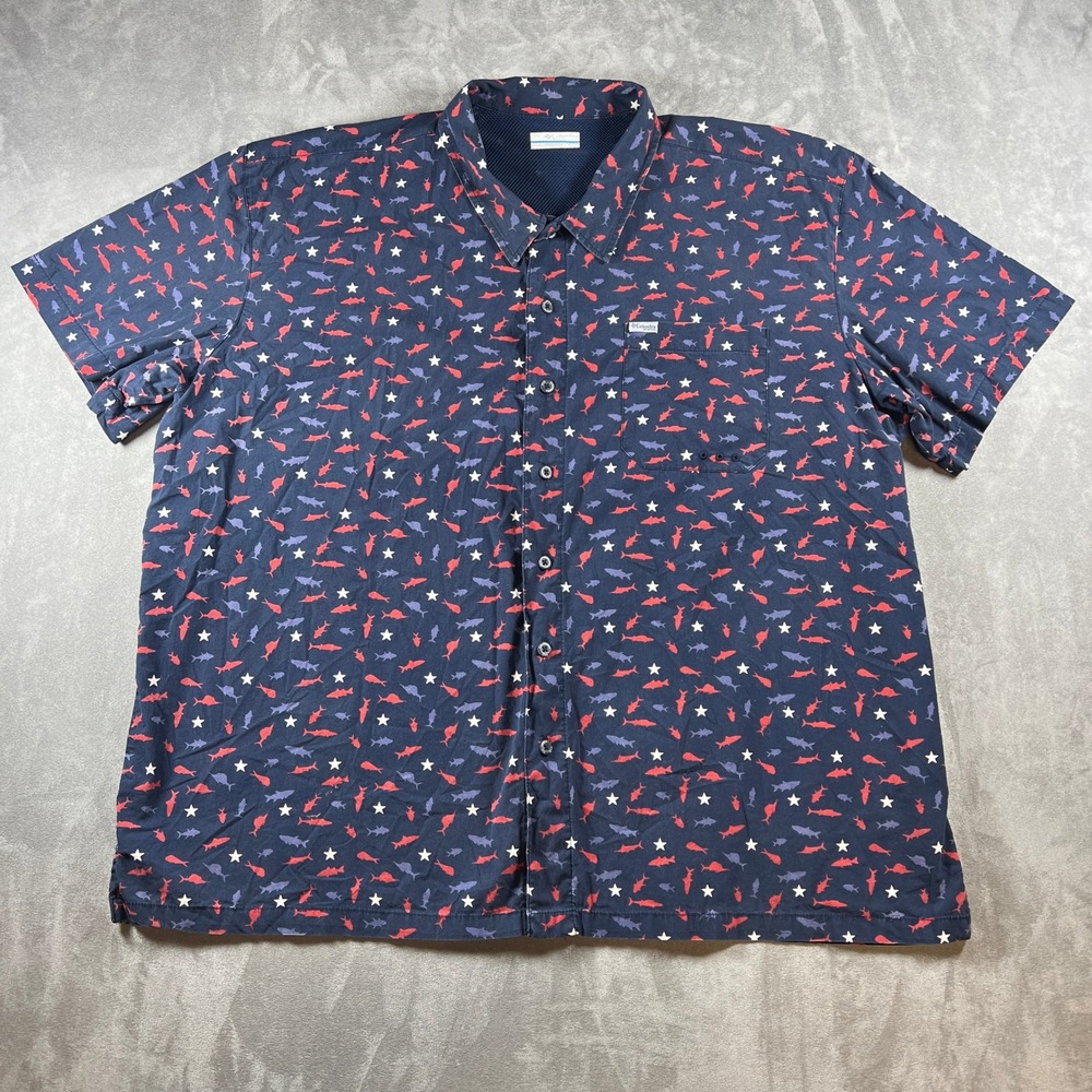 Columbia PFG Fishing Vented Shirt Mens XXL Blue Button Up SS Geometric Fish AOP